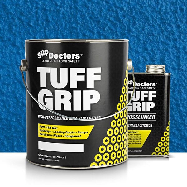 A blue gallon container of SlipDoctors Tuff Grip Extreme non-skid floor paint with a handle.