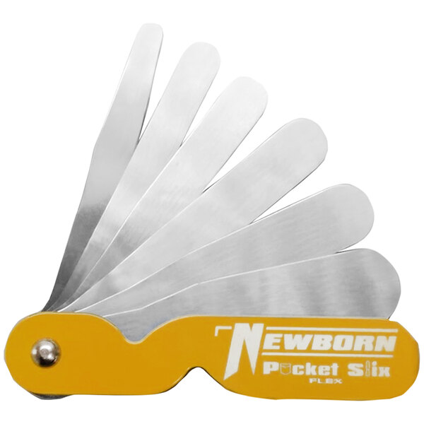 A yellow and silver Newborn Pocket Slix folding tool with metal blades.
