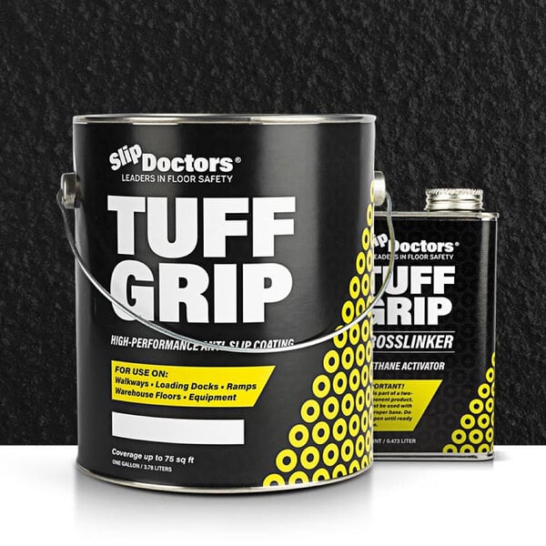 A black SlipDoctors Tuff Grip paint bucket next to a can of paint.