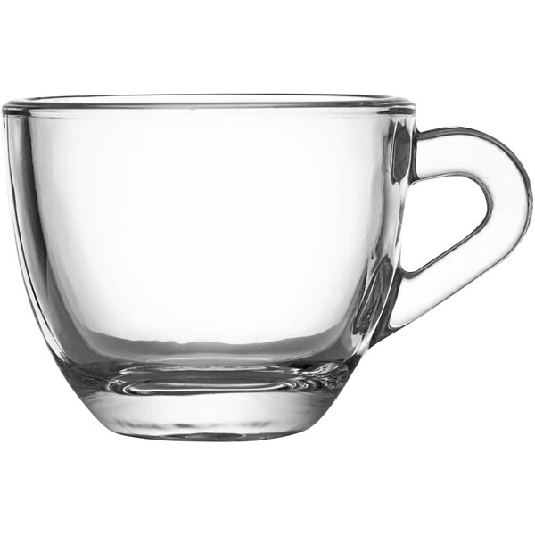 A clear glass Fortessa Espresso Cup with a handle.