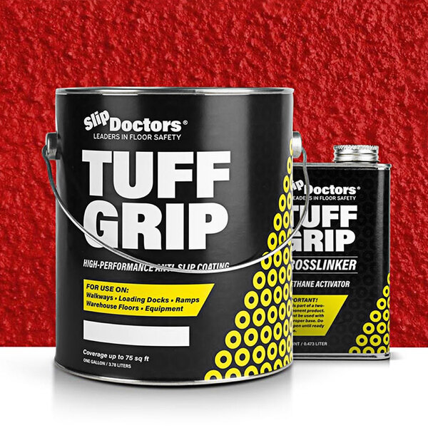 A red bucket of SlipDoctors Tuff Grip Extreme non-skid floor paint with white text.