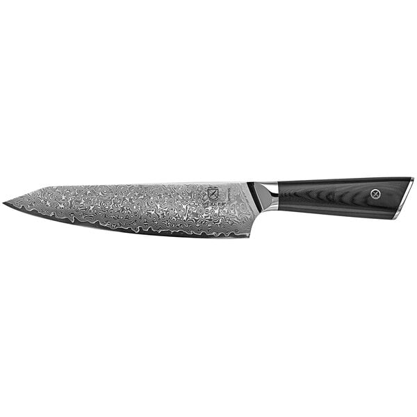A Mercer Culinary Damascus Chef Knife with a black handle and silver accents.