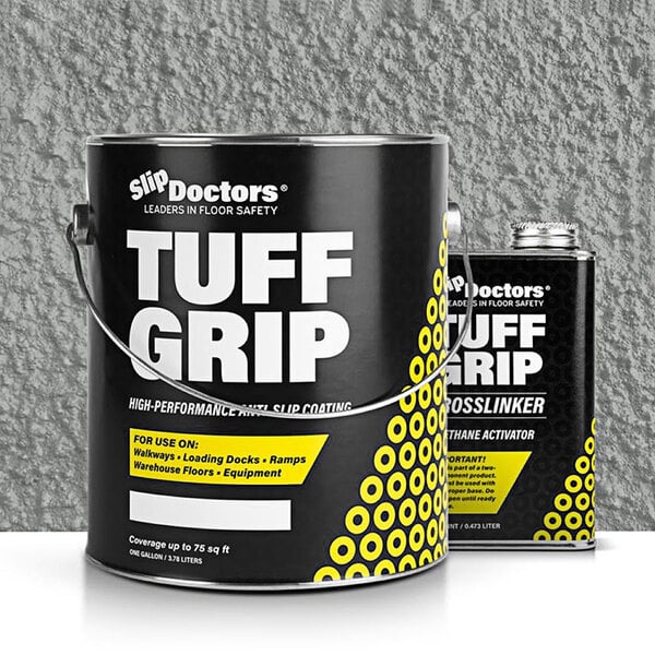 A black bucket with white text reading "SlipDoctors Tuff Grip Extreme Light Grey" on the label.