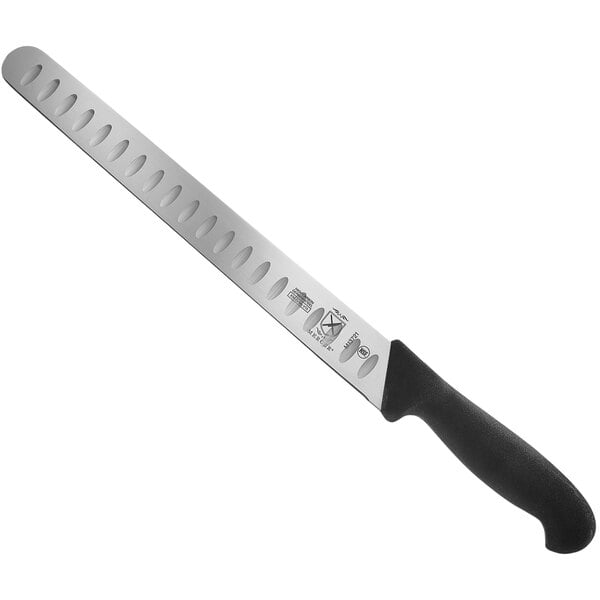 A Mercer Culinary slicer knife with a black handle.