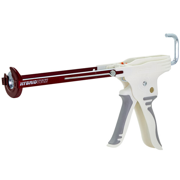 A white and grey Newborn caulk gun with a red hook on the handle.