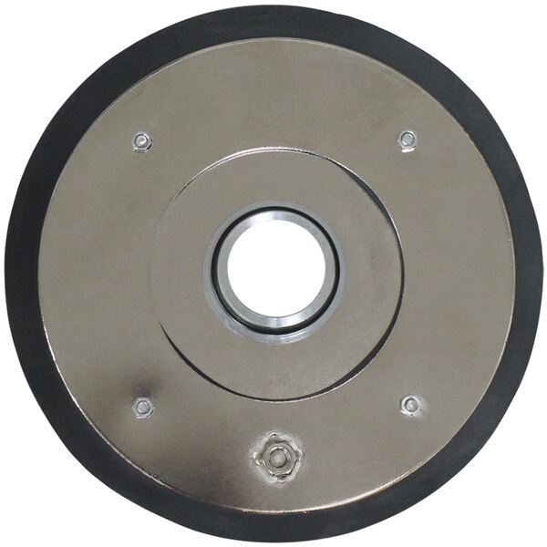 A circular metal plate with a black neoprene rim and a hole in the center.