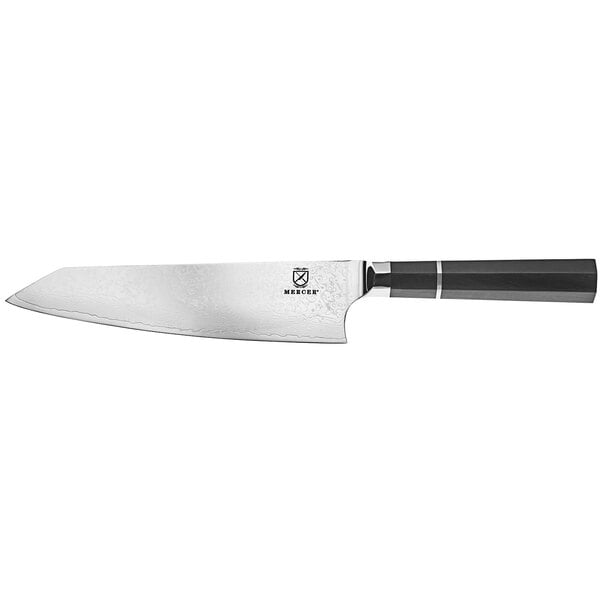 A Mercer Culinary chef knife with a black handle and silver blade in a white box with black text.