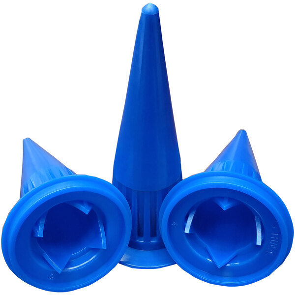 A group of three blue plastic cones with holes in them.