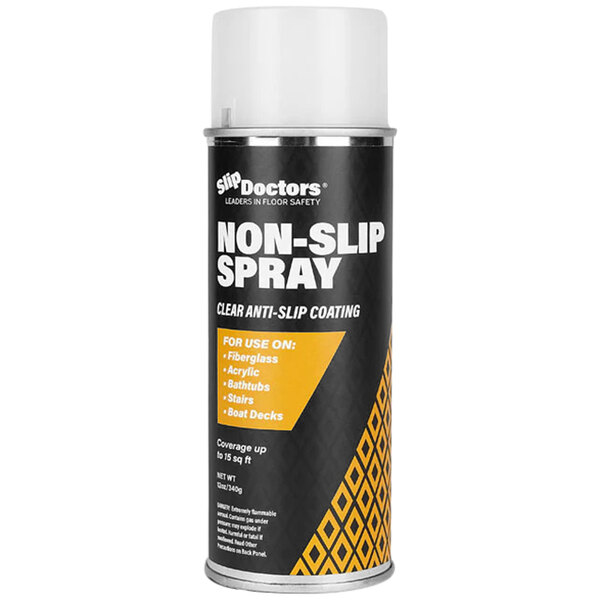 A black and yellow can of SlipDoctors clear anti-slip spray for fiberglass and acrylic.