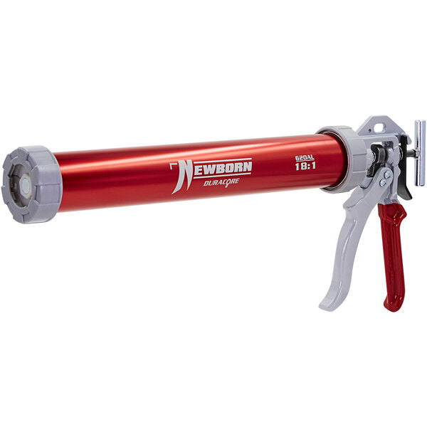 A red and grey Newborn sausage caulking gun with a handle.