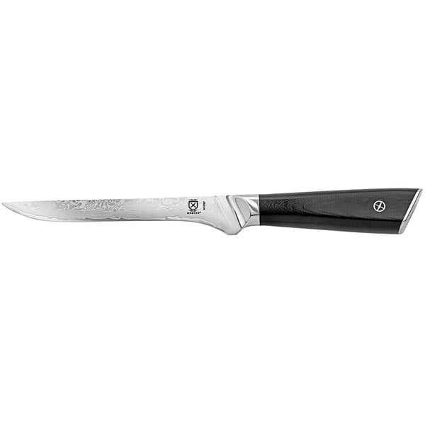 A Mercer Culinary Damascus boning knife with a black handle and silver blade.