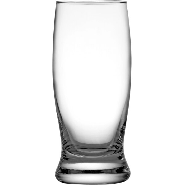 A close-up of a clear Fortessa Mini Bavaria beer tasting glass.