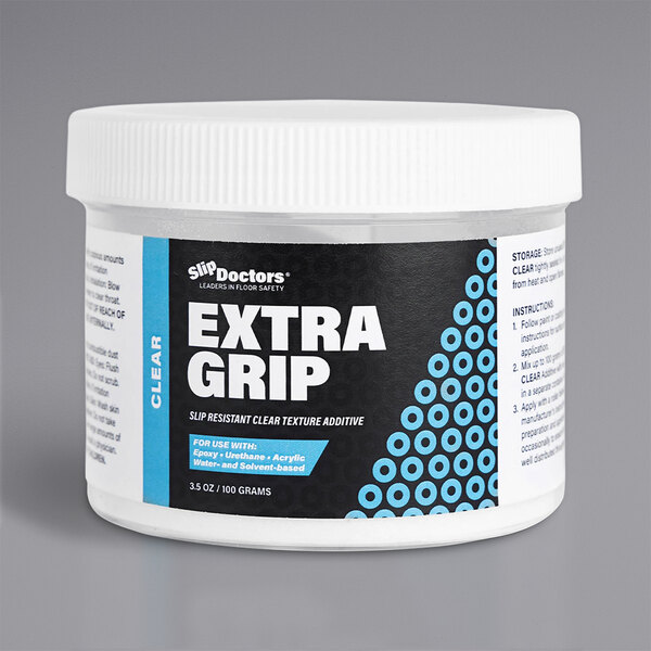 A white container of SlipDoctors Extra Grip Clear Non-Skid Additive with a blue and white label.