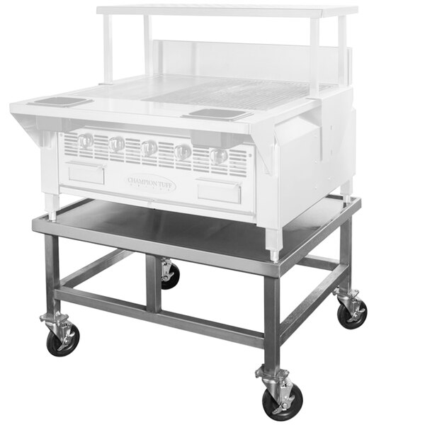 A white Champion Tuff Grills equipment stand with a stainless steel top and casters.