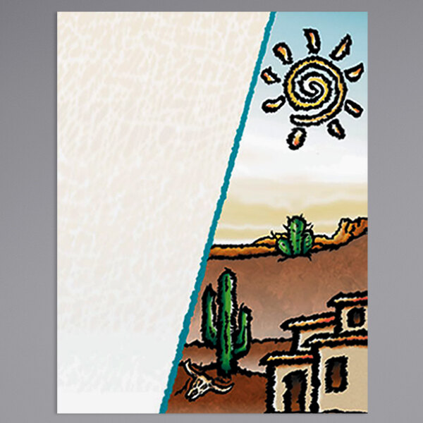 A white menu paper cover with a southwest desert landscape and sun drawing.