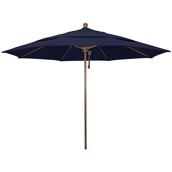 A California Umbrella Venture Series navy blue umbrella with a wooden pole.