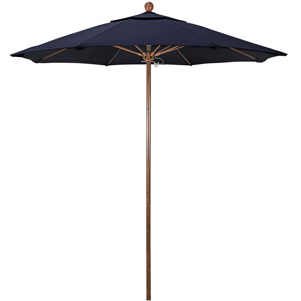 A navy California Umbrella with a wooden pole and American oak accents.