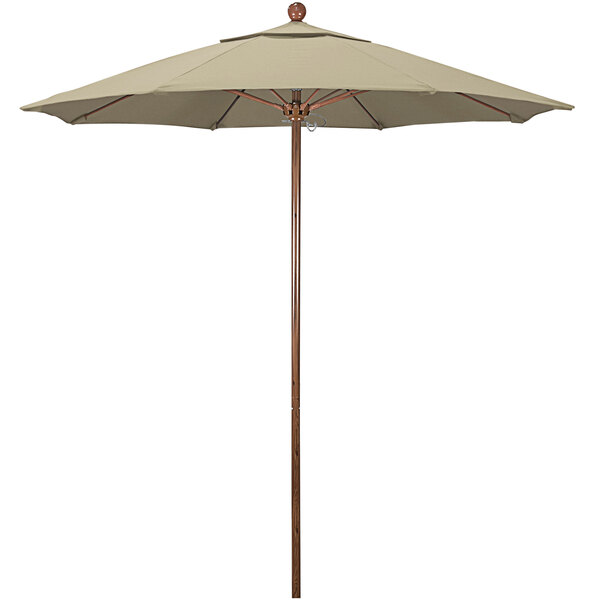 A California Umbrella with an American Oak pole and Antique Beige Sunbrella canopy on a pole.