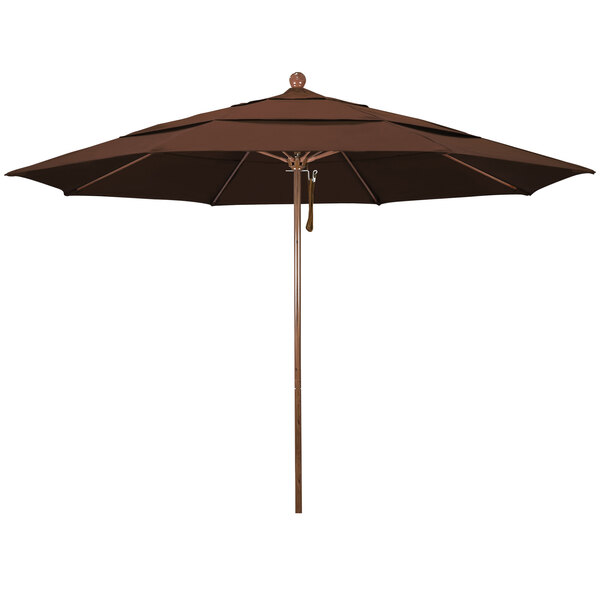 A brown California Umbrella with a wooden pole and Sunbrella fabric.