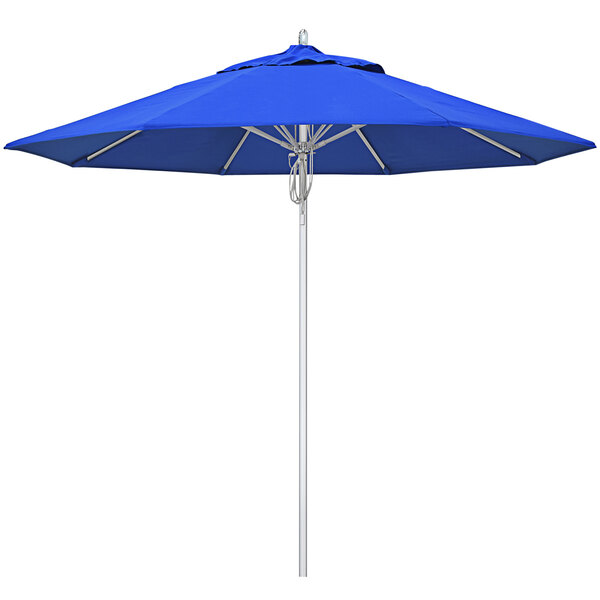 A blue California Umbrella with a white background.