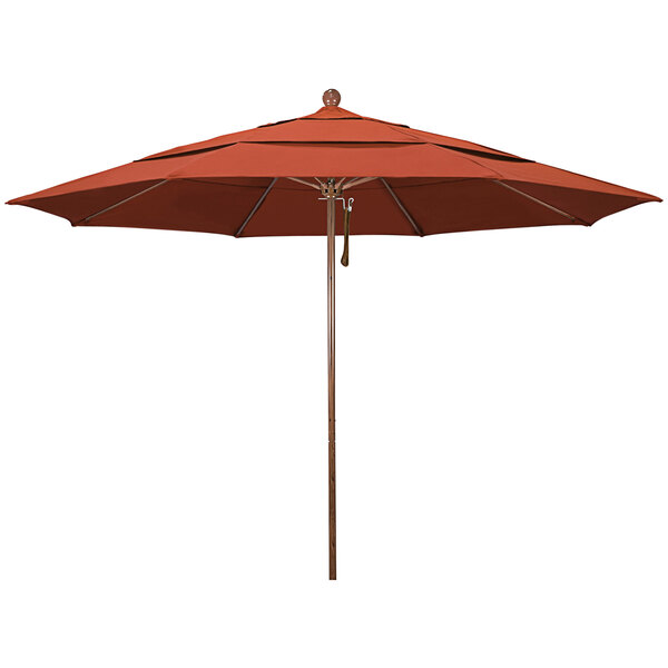 A California Umbrella with a sunset red canopy and American oak pole.