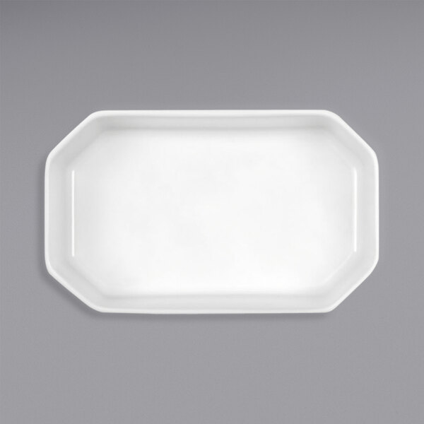 A white rectangular Bauscher porcelain holder with a black border on a gray background.