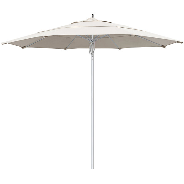 A white California Umbrella with a silver pole.