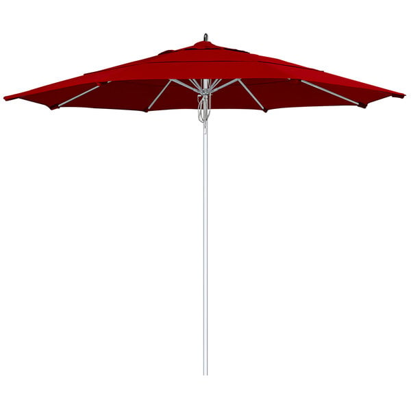 A close-up of a red California Umbrella with a silver pole and Jockey Red fabric.
