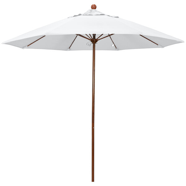 A white California Umbrella with an American oak pole.