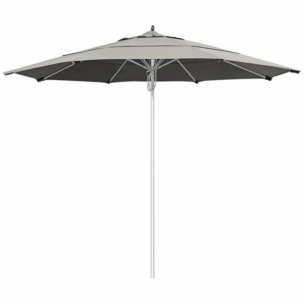 A grey California Umbrella with a white pole.