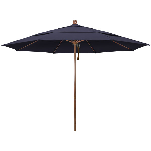 A navy California Umbrella with a wooden pole.