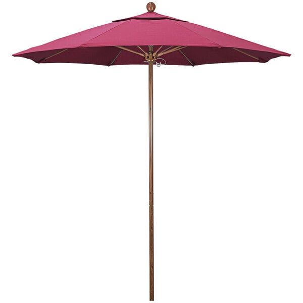 A hot pink California Umbrella with an American Oak pole on a white background.