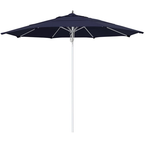 A navy California Umbrella with a silver pole.