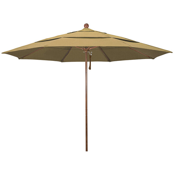 A straw-colored California Umbrella on a wooden pole.