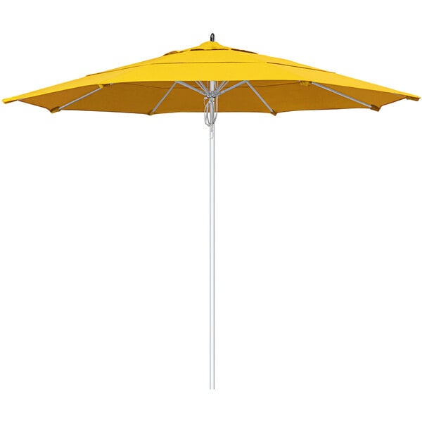 A close up of a Sunbrella yellow California Umbrella on a white background.