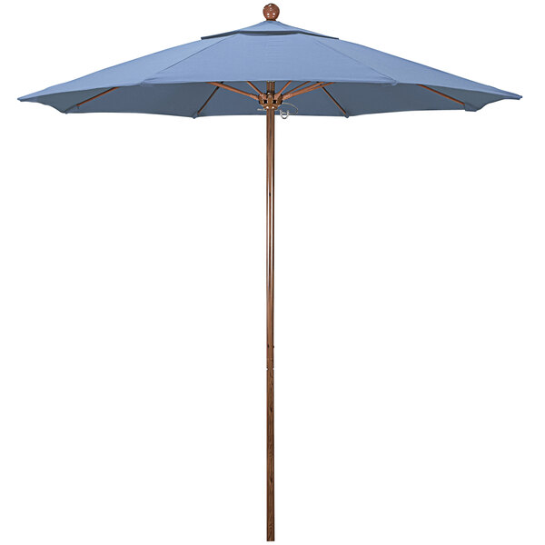 A California Umbrella Frost Blue Olefin canopy on an American Oak pole.