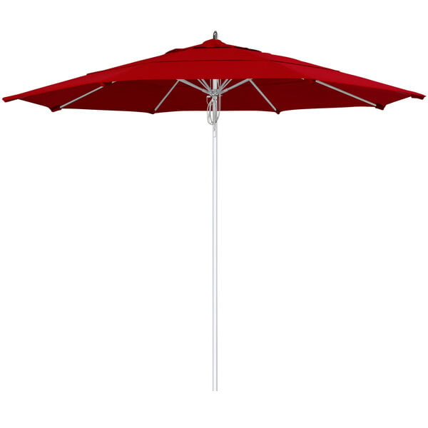 A close-up of a red California Umbrella with a silver pole and Jockey Red Sunbrella canopy.