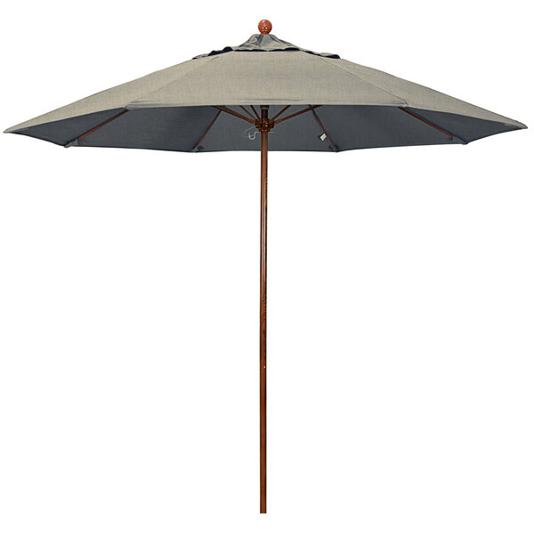 A California Umbrella Venture Series outdoor umbrella with a grey Sunbrella canopy and American Oak pole.