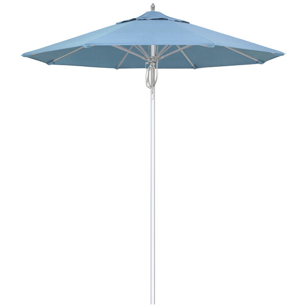 A close-up of a California Umbrella with Air Blue Sunbrella fabric on a white background.