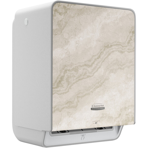 A white rectangular Kimberly-Clark Professional paper towel dispenser with a marble pattern.
