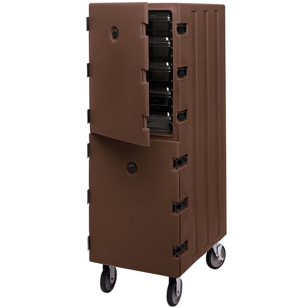 A dark brown Cambro double compartment food storage box carrier with a door open.
