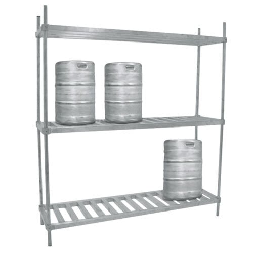 A metal rack with three Advance Tabco kegs on it.