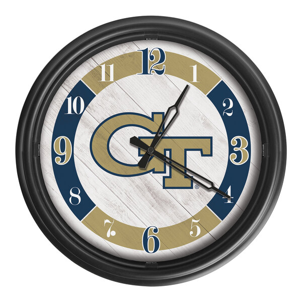 A white Holland Bar Stool clock with the Georgia Tech logo on it.