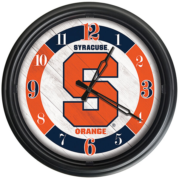 A Holland Bar Stool Syracuse University wall clock with orange logo and numbers.