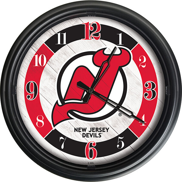 A Holland Bar Stool New Jersey Devils wall clock with team logo and numbers.