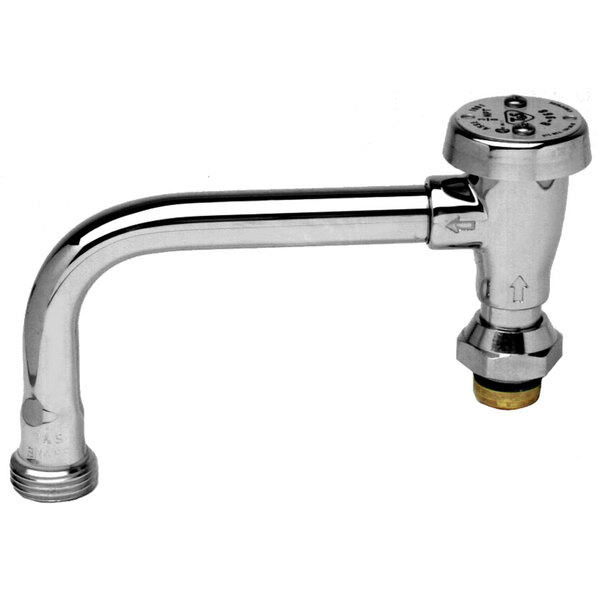 A silver T&S faucet nozzle with a swing nozzle.