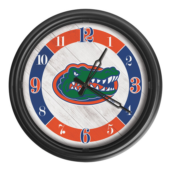 A white Holland Bar Stool University of Florida wall clock with the Florida Gators logo on it.