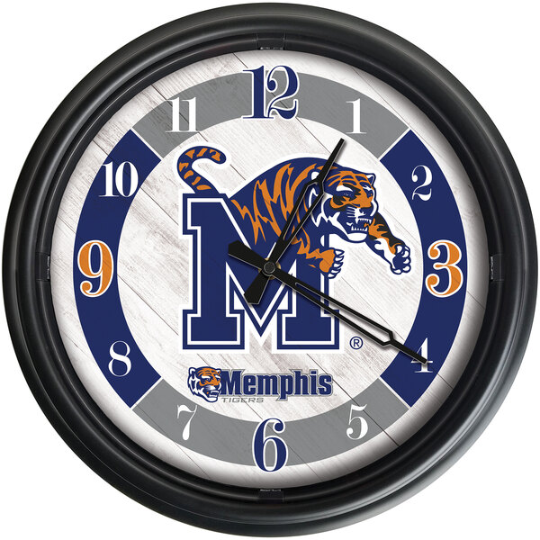 A Holland Bar Stool University of Memphis LED Wall Clock with a tiger on it.