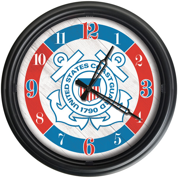 A white Holland Bar Stool clock with the United States Coast Guard logo and numbers.
