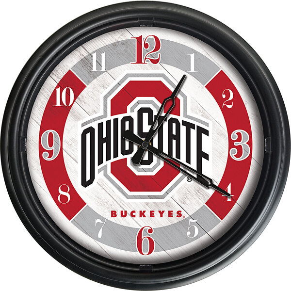 A white Holland Bar Stool Ohio State University LED wall clock with the Ohio State University logo on it.
